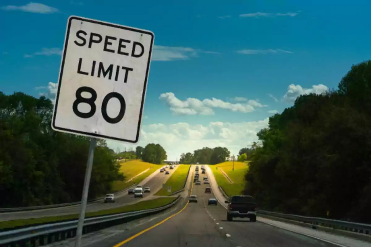 Letrero de límite de velocidad de 80 en una autopista rodeada de árboles y cielo azul con nubes.