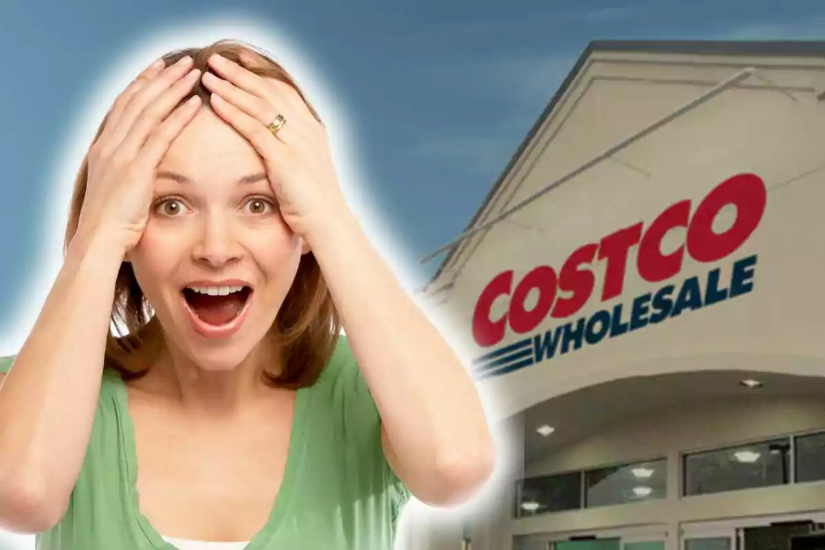 Photo montage of a surprised woman with her hands on her head in front of a Costco store.