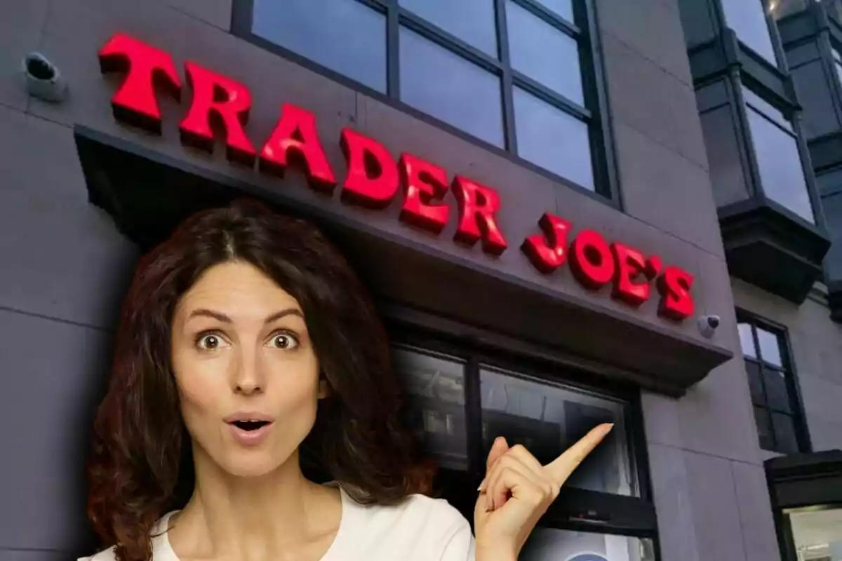 Montaje de fotos de una mujer sorprendida señalando el letrero iluminado de Trader Joe's en la entrada de una tienda.