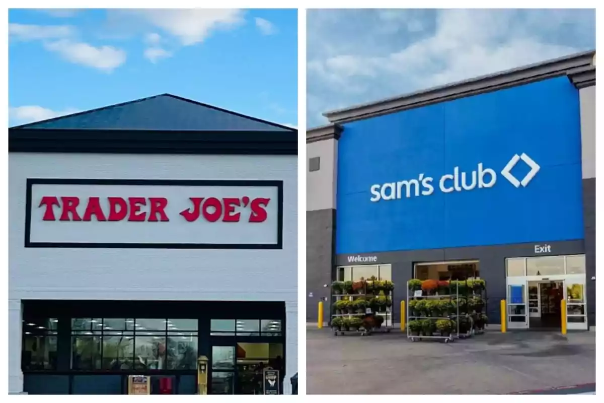 Dos fachadas de tiendas, una de Trader Joe's y otra de Sam's Club, con cielos despejados de fondo.
