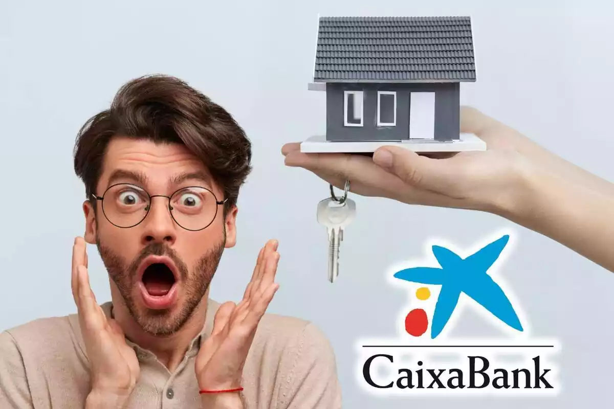Montaje de fotos de una mano sosteniendo una casa y unas llaves sobre un fondo gris y, al lado, el logo de la entidad bancaria CaixaBank y una persona con expresión de sorpresa