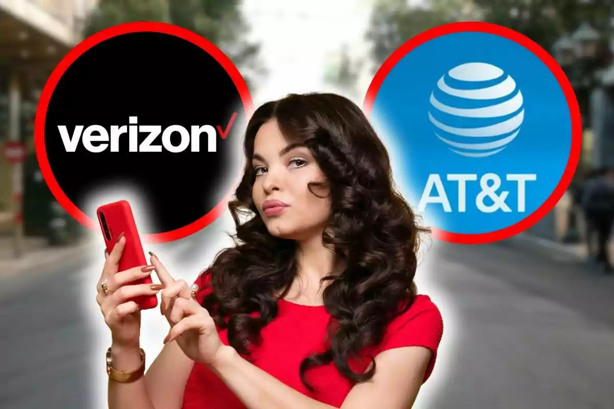 Woman with a red phone in front of the Verizon and AT&T logos.