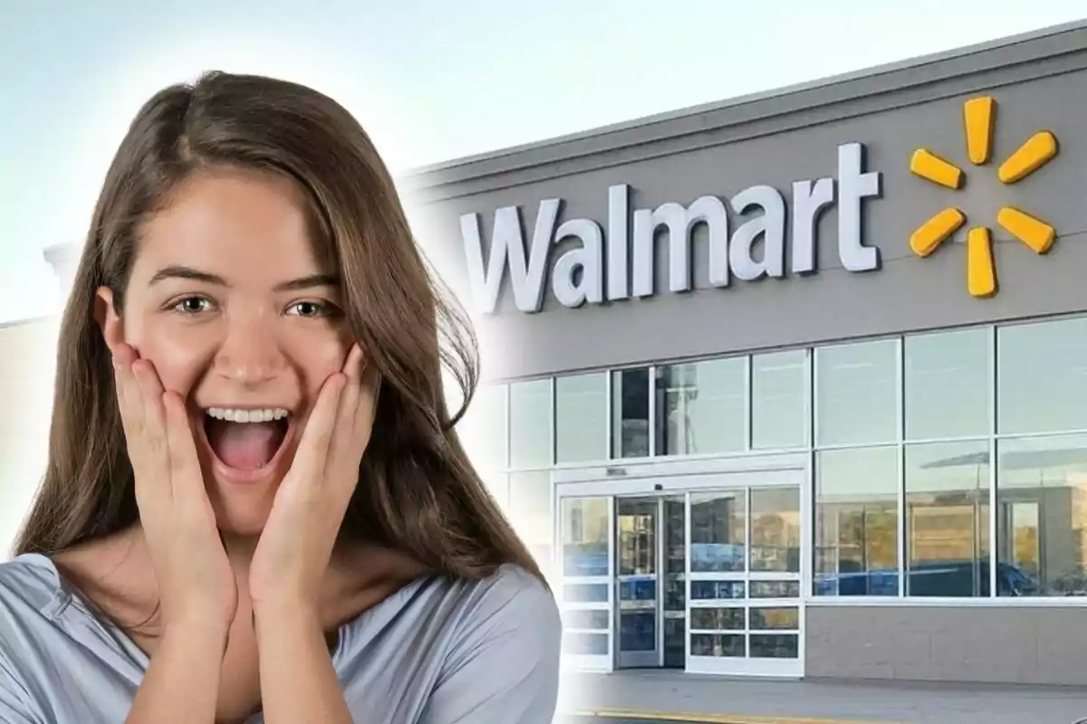 A person with a surprised expression in front of a Walmart store.