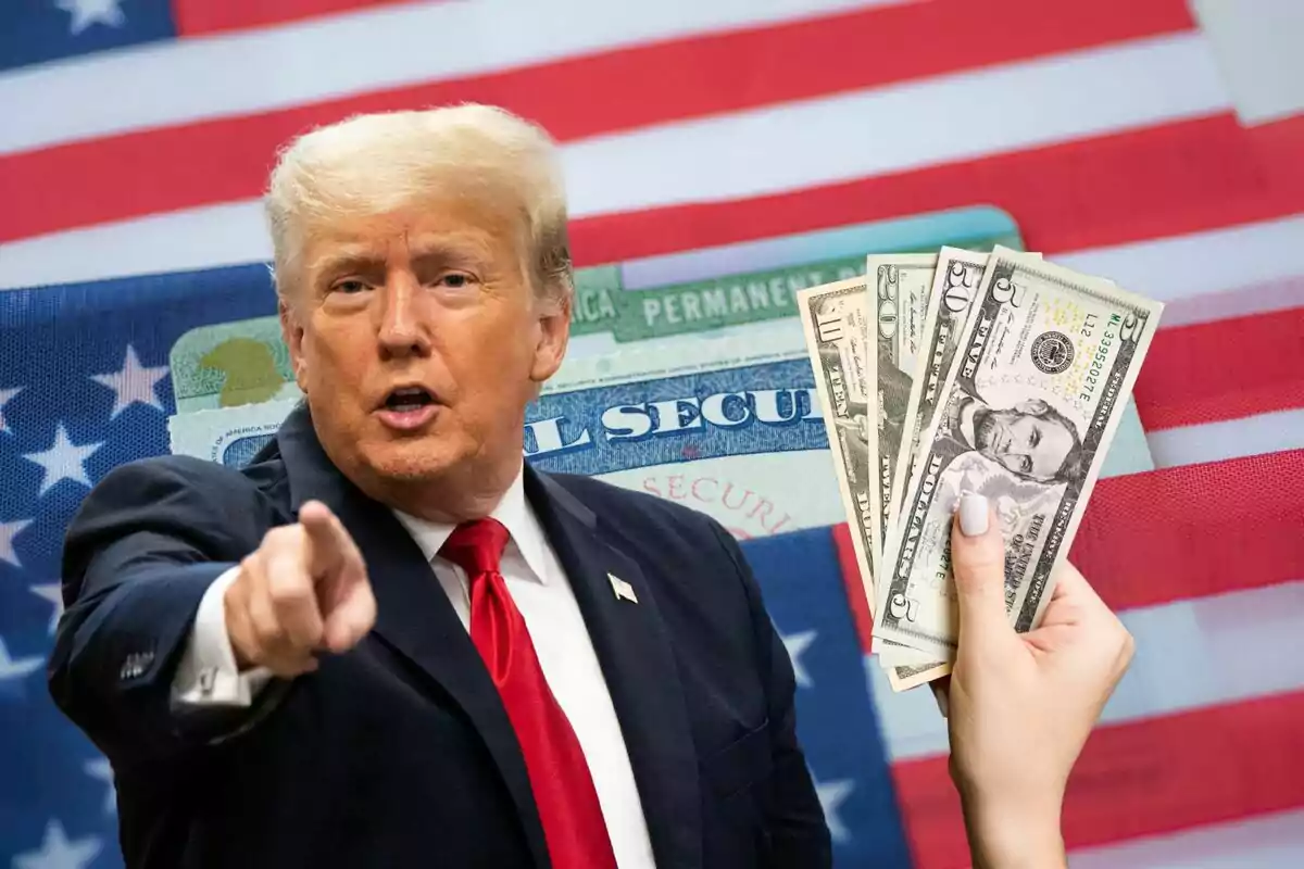 Man in a suit pointing forward with a background of the United States flag, Social Security cards, and a hand holding dollar bills