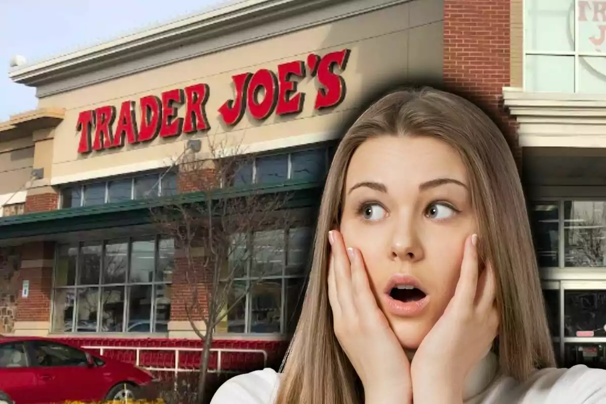 Mujer con expresión de sorpresa frente a la entrada de una tienda Trader Joe's. Mujer con expresión de sorpresa frente a la entrada de una tienda Trader Joe's.