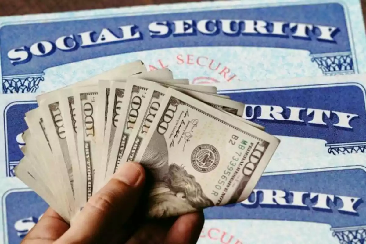 Mano sosteniendo billetes de cien dólares frente a tarjetas de seguro social de Estados Unidos