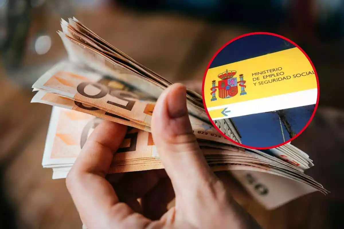 Montaje de fajo de billetes de 50 euros y cartel de la Seguridad Social