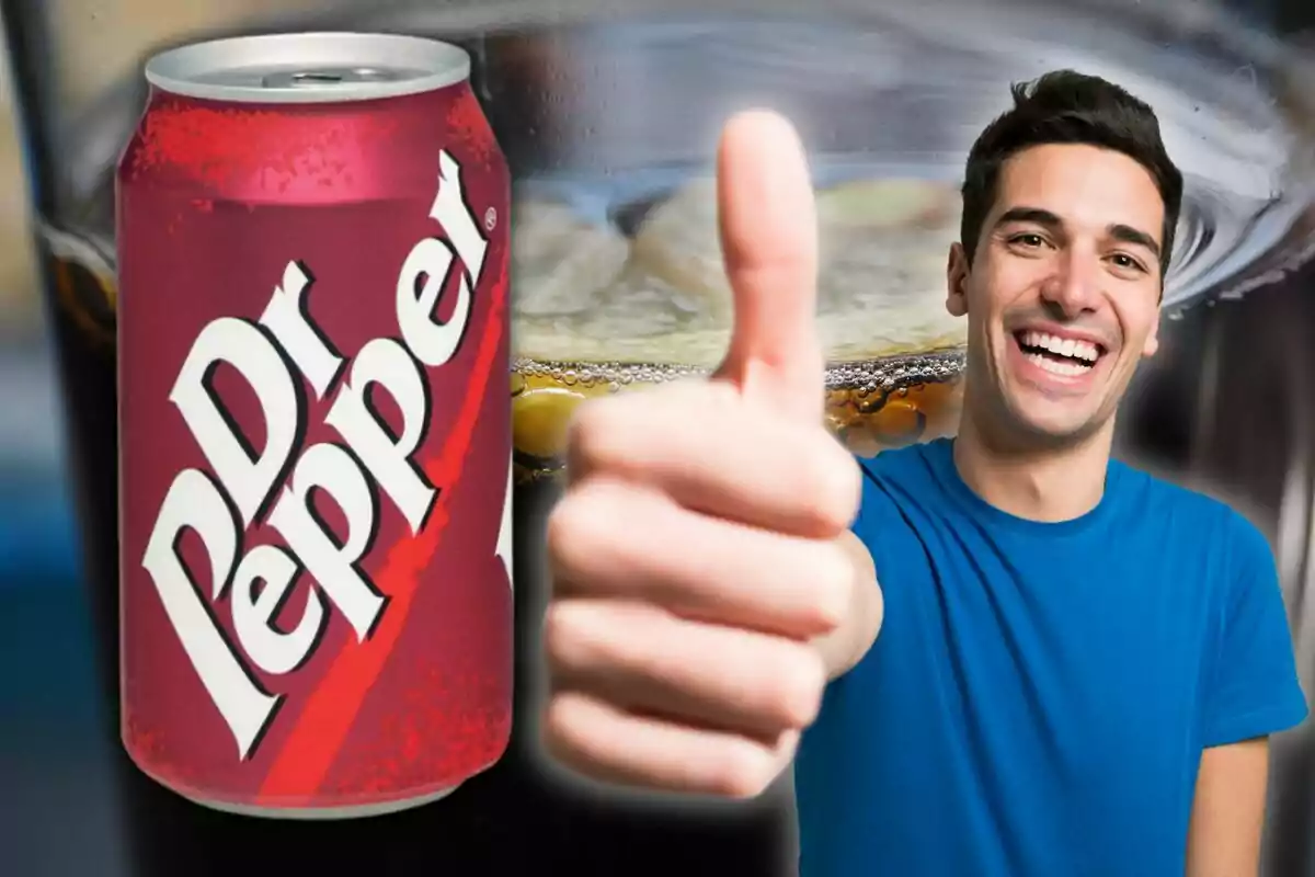Smiling man in a blue t-jersey giving a thumbs up next to a can of Dr Pepper against a background of a drink with ice Smiling man in a blue t-jersey giving a thumbs up next to a can of Dr Pepper against a background of a drink with ice