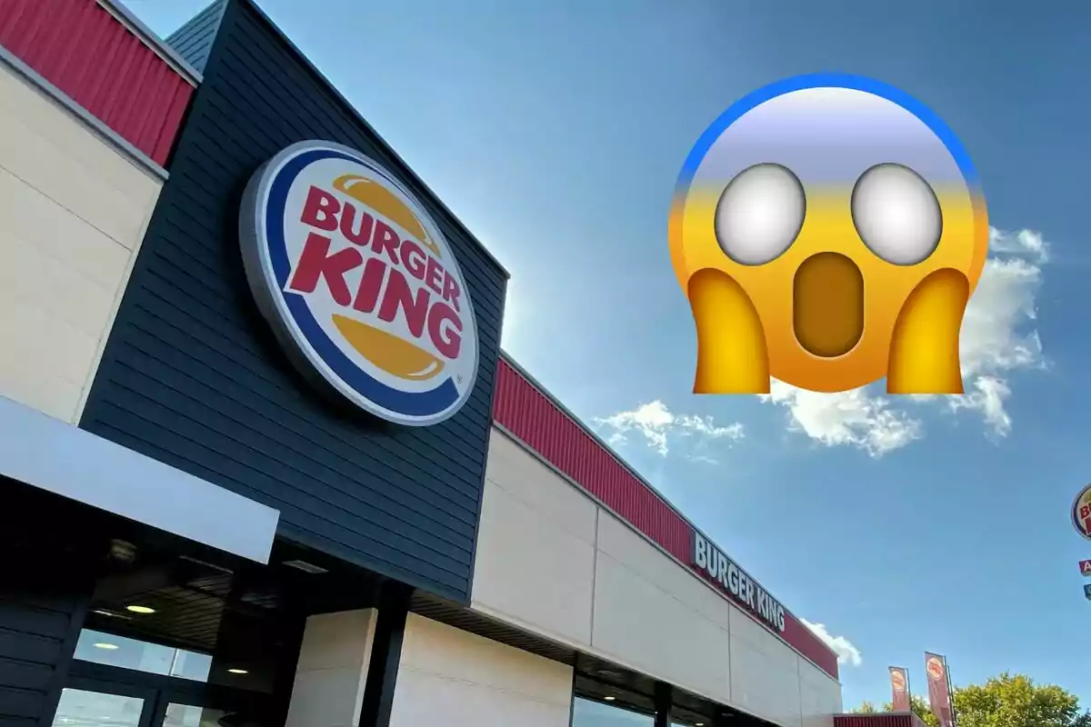 In front of a Burger King restaurant with a surprised emoji in the sky. In front of a Burger King restaurant with a surprised emoji in the sky.