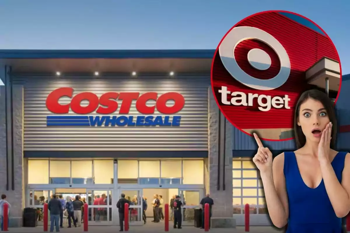 A surprised woman points to a Target logo inside a red circle over the image of a Costco store.