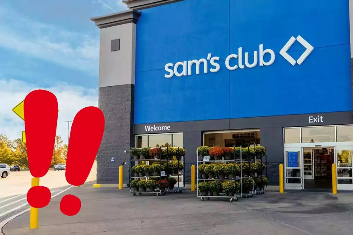 Entrance of a Sam's Club store with a large red exclamation mark on the front. Entrance of a Sam's Club store with a large red exclamation mark on the front.