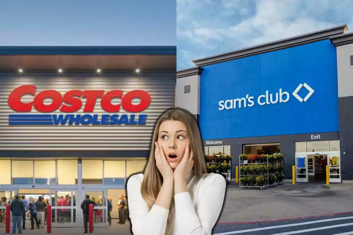 A woman with a surprised expression is in front of the facades of Costco and Sam's Club.