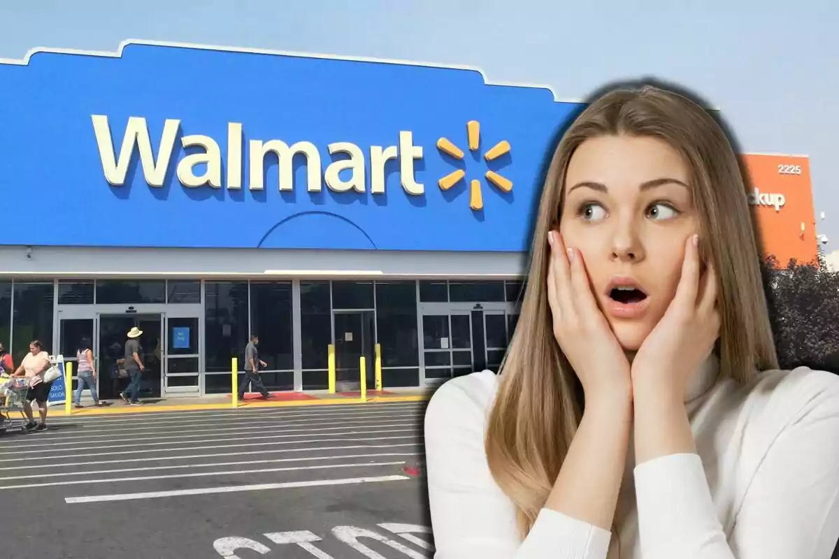Una mujer con expresión de sorpresa está superpuesta frente a la entrada de una tienda Walmart. Una mujer con expresión de sorpresa está superpuesta frente a la entrada de una tienda Walmart.