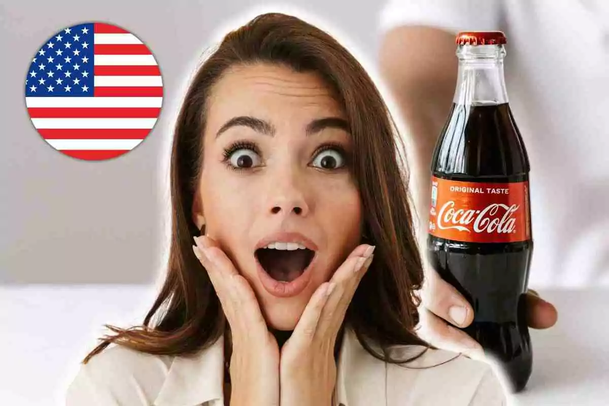 Una mujer con expresión de sorpresa junto a una botella de Coca-Cola y una bandera de Estados Unidos en el fondo.