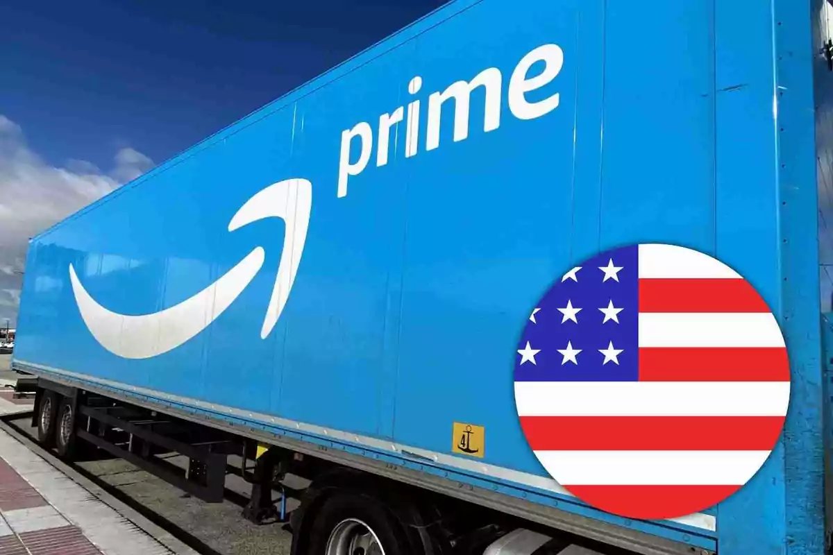 A blue truck with Amazon Prime's logo and a graphic of the United States flag. A blue truck with Amazon Prime's logo and a graphic of the United States flag.