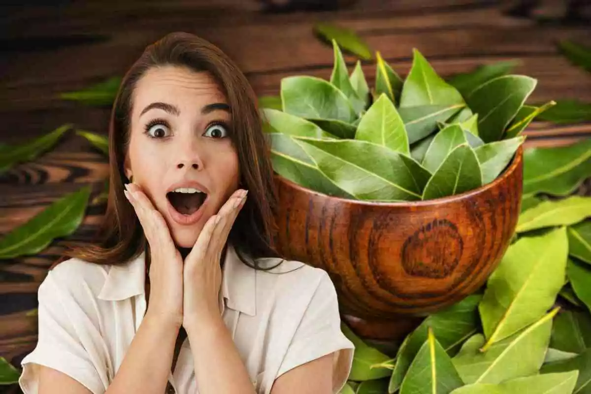 A woman with a surprised expression in front of a bowl full of green leaves. A woman with a surprised expression in front of a bowl full of green leaves.