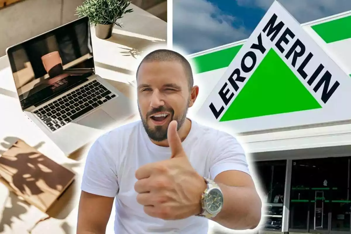 Hombre sonriendo con pulgar hacia arriba frente a un cartel de Leroy Merlin y una computadora portátil sobre una mesa.