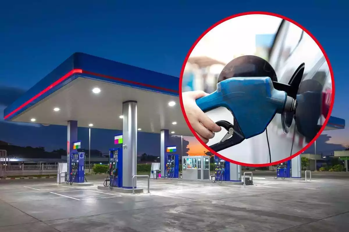 Montaje con una imagen de una gasolinera y un círculo con una mano sujetando un surtidor repostando un coche