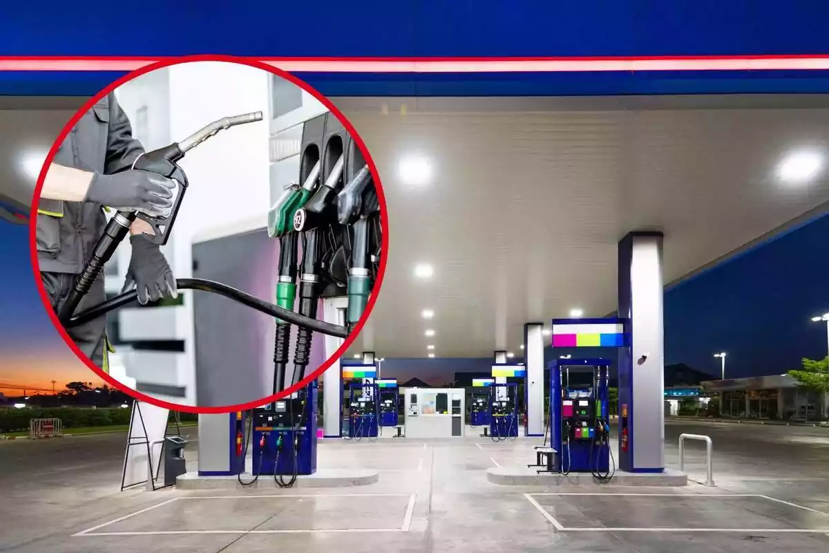 Montage with a gas station and a circle with a worker with a pump in his hand