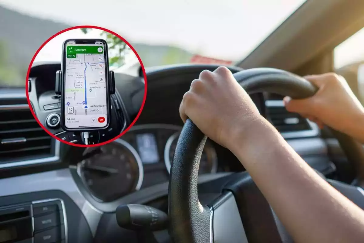 Montage showing a person driving and another image in a frame with a GPS in operation