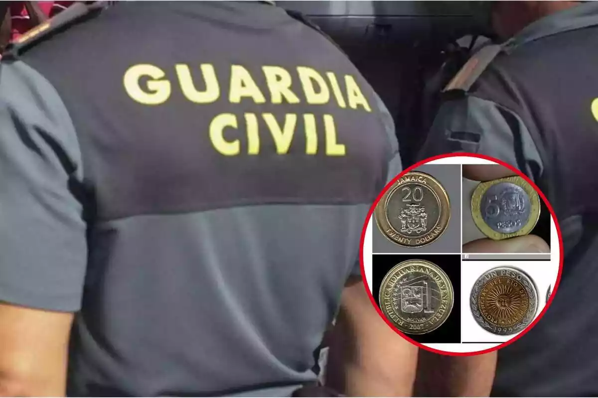 Montaje de un agente de la Guardia Civil y varias monedas