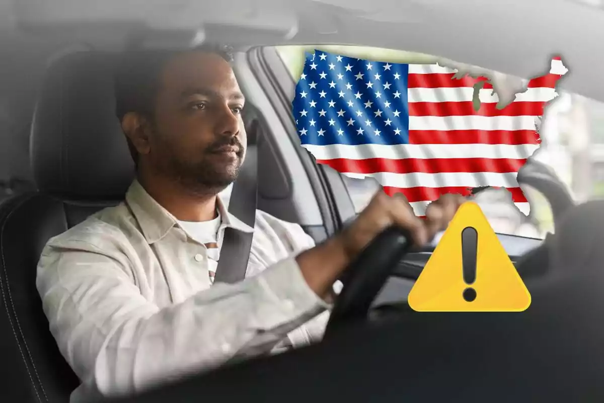 Man driving a car with a map of the United States featuring the flag and a yellow warning symbol superimposed.