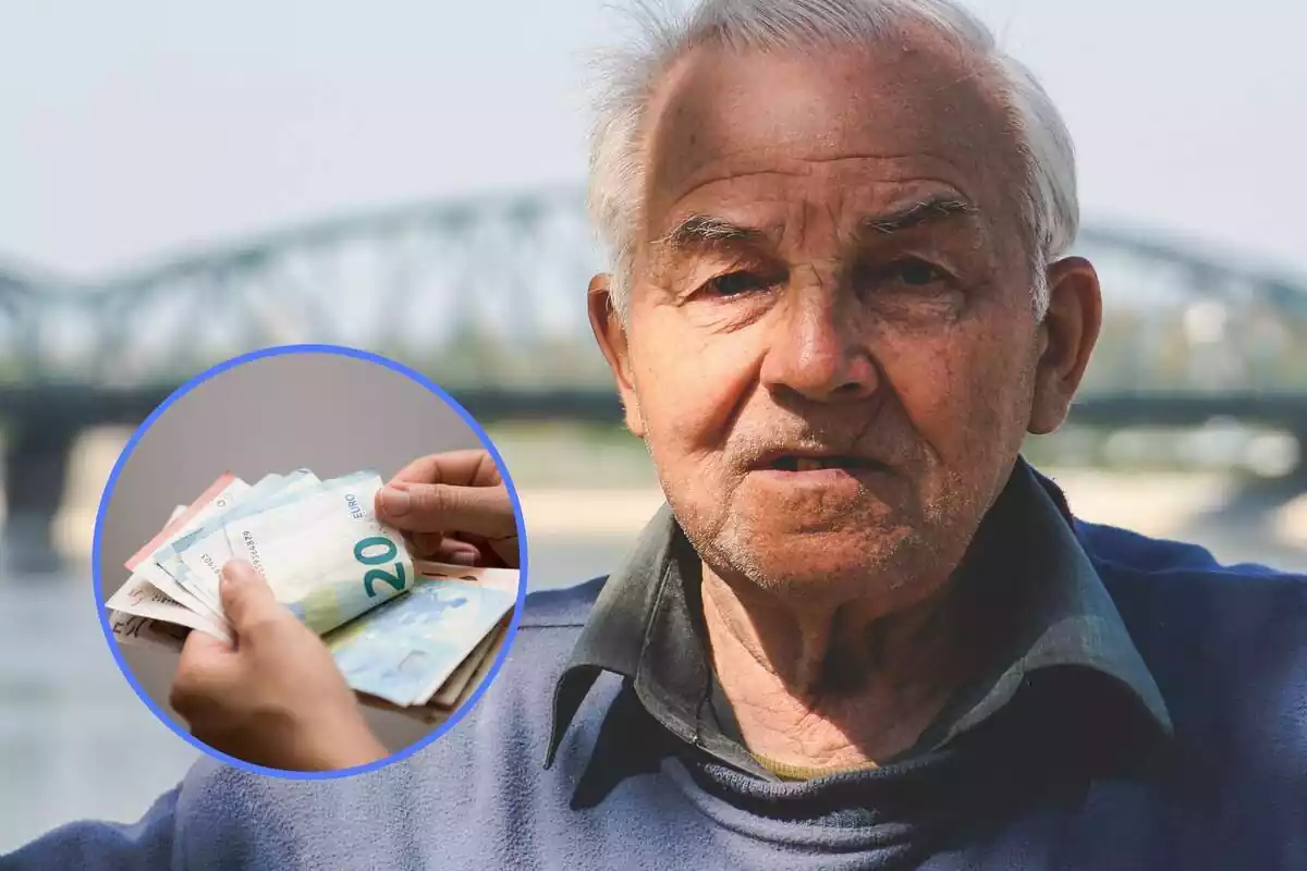 Montaje de un hombre serio mirando hacia delante y la imagen de unos billetes de euro en la izquierda