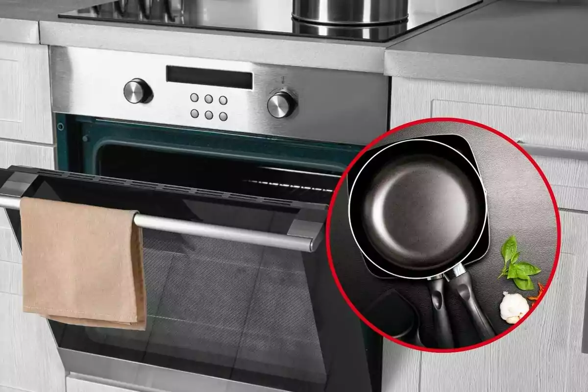 Kitchen oven with open door and black frying pan in foreground. Kitchen oven with open door and black frying pan in foreground.