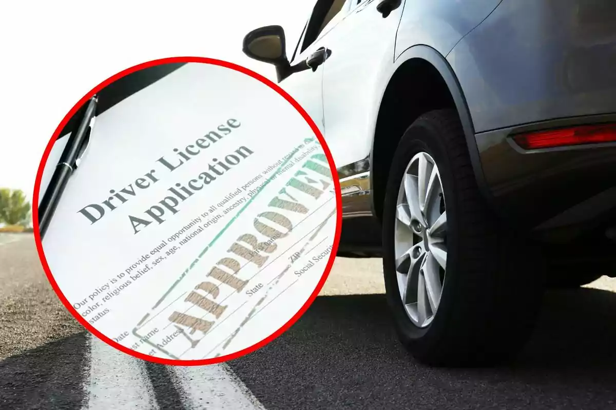 Un auto estacionado en la carretera y un documento de solicitud de licencia de conducir aprobado en un círculo resaltado. Un auto estacionado en la carretera y un documento de solicitud de licencia de conducir aprobado en un círculo resaltado.