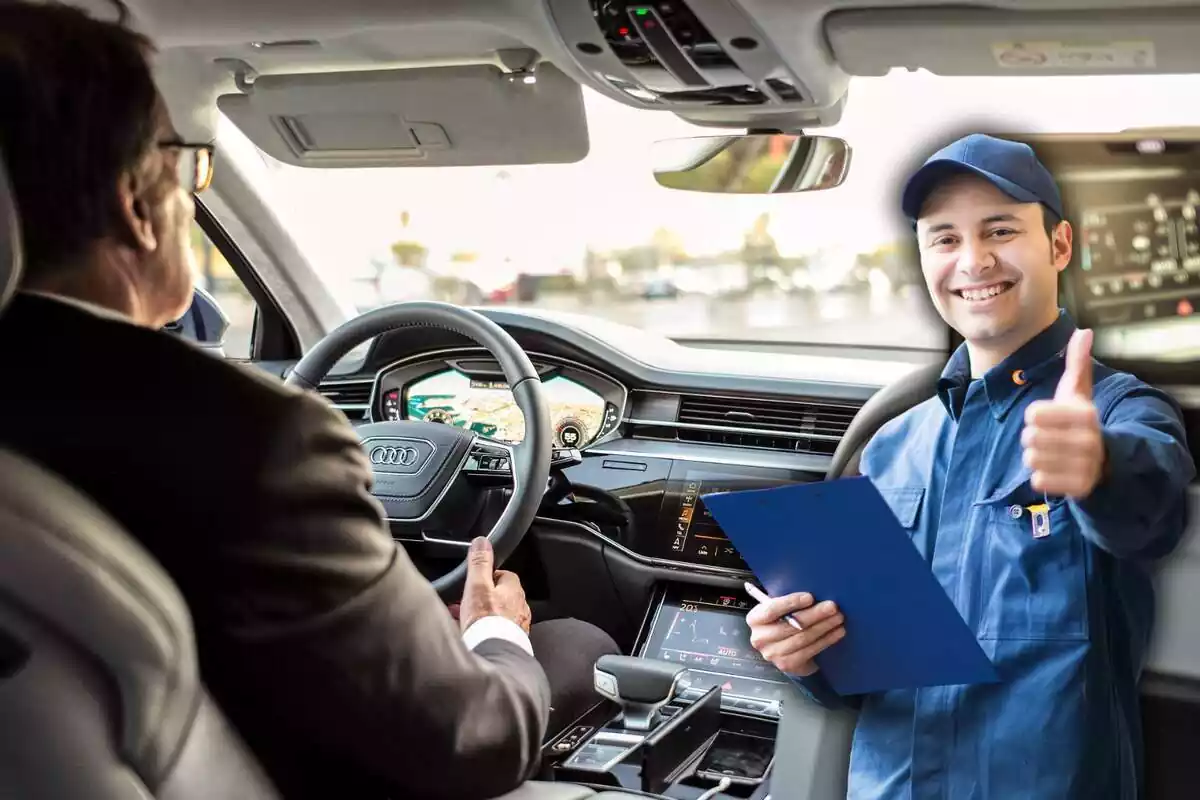 A man behind the wheel, with his back turned, and to the right, a mechanic with his thumb up.