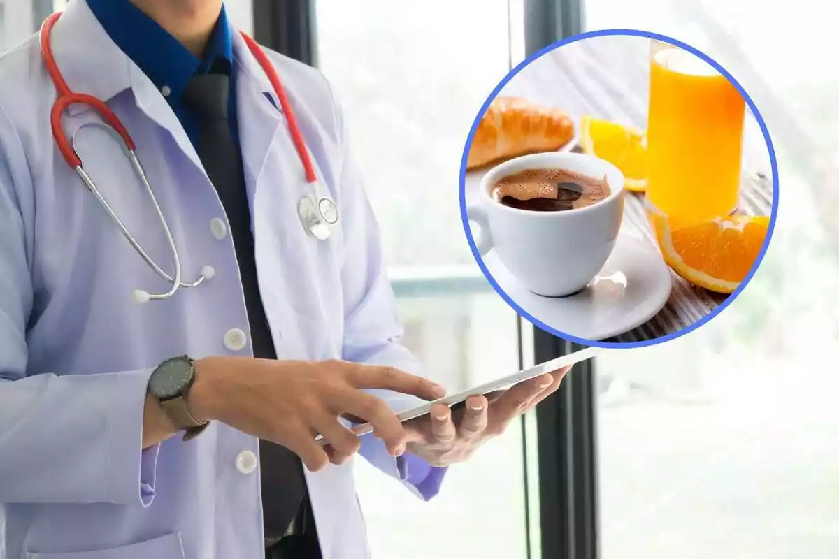 Montaje con la imagen de un médico junto a la foto de un desayuno con café, zumo y cruasanes