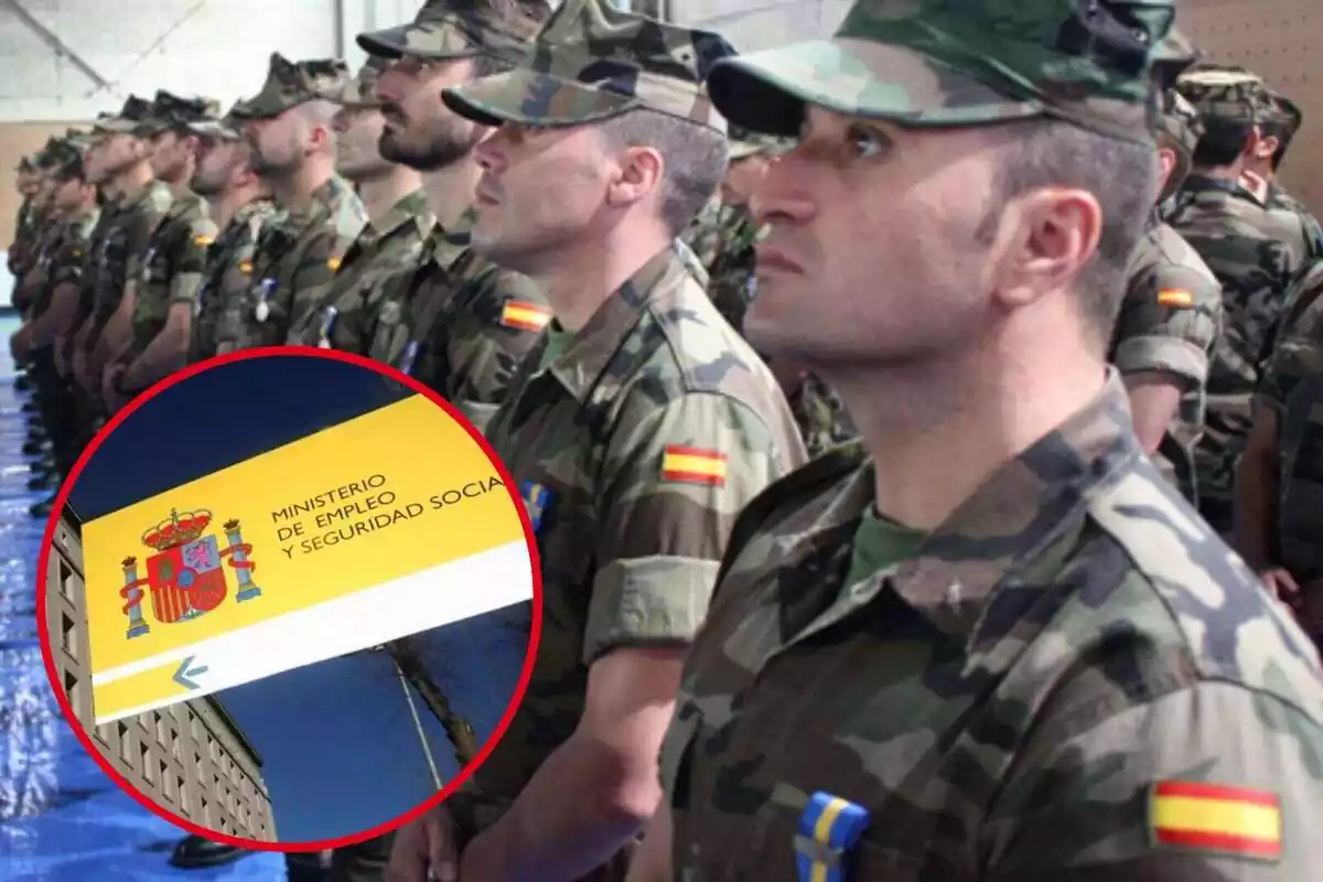 Montaje con varios militares en fila con el uniforme y un círculo con el cartel del Ministerio de Empleo y Seguridad Social