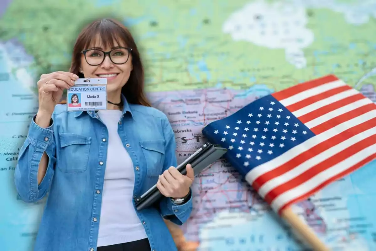 Mujer sonriente con gafas sostiene una identificación, una laptop y una bandera de Estados Unidos frente a un mapa de fondo Mujer sonriente con gafas sostiene una identificación, una laptop y una bandera de Estados Unidos frente a un mapa de fondo