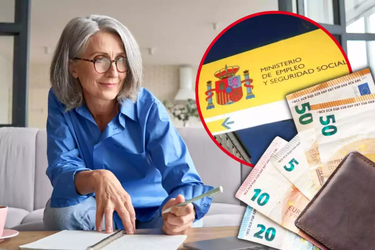 Montaje con una mujer mayor tomando apuntes, un círculo con una señal del Ministerio de Empleo y Seguridad Social y una cartera con varios billetes de euro
