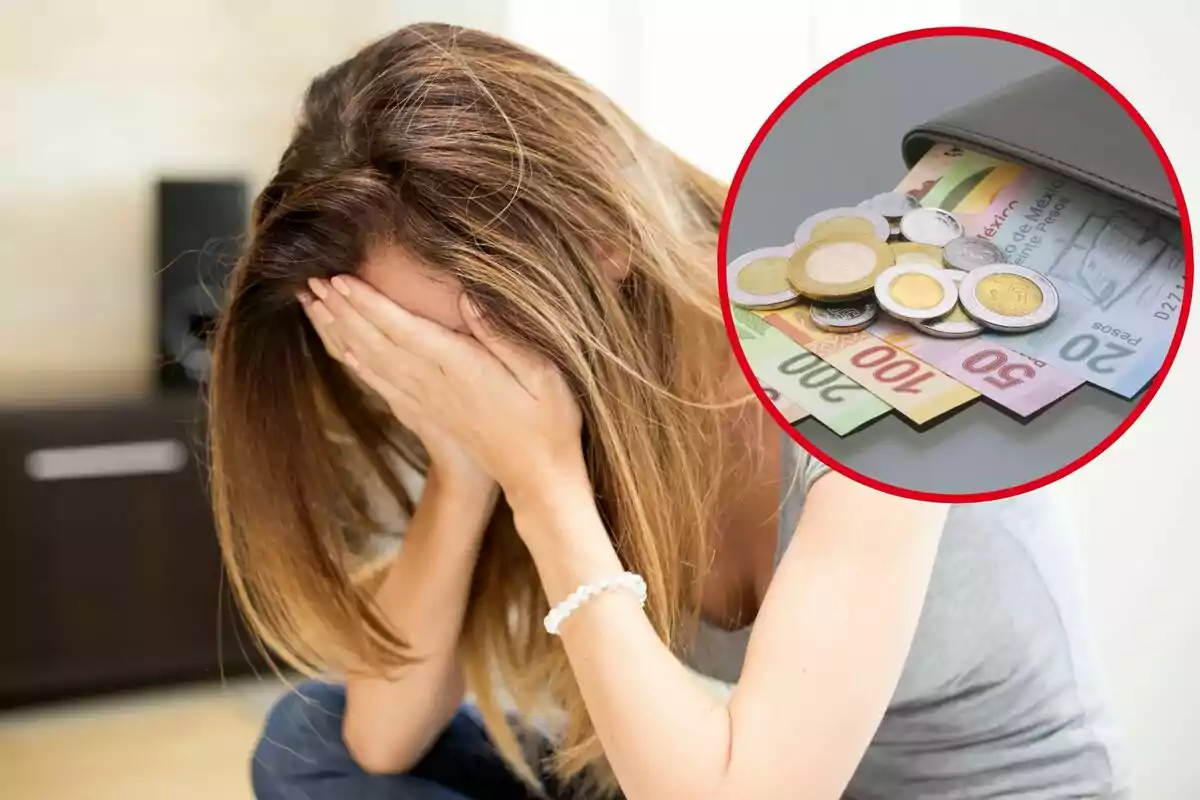 Mujer con las manos en la cara y una imagen superpuesta de billetes y monedas.