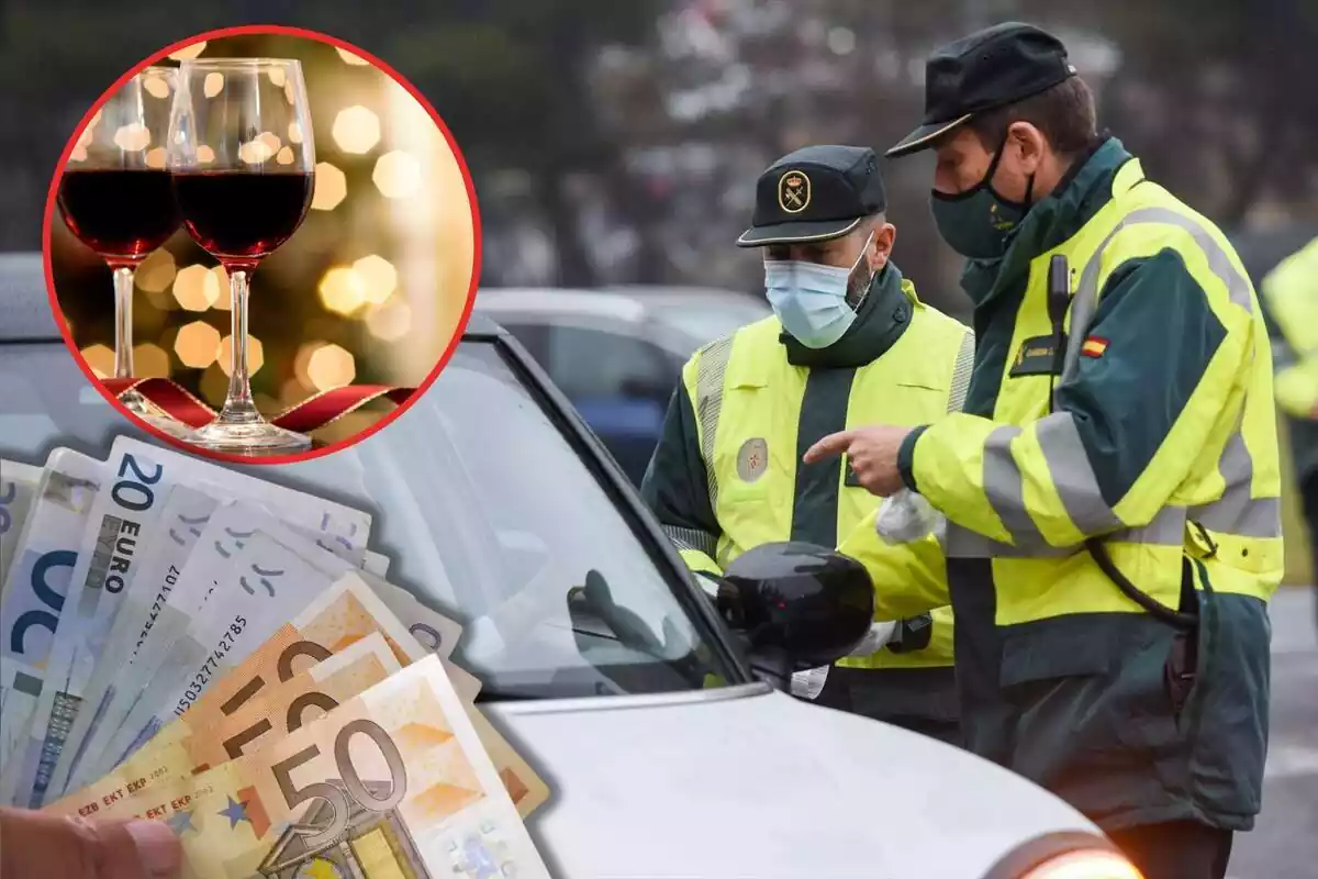 Unos guardias civiles dialogan con un conductor, con unas imágenes de unas copas de vino y unos billetes