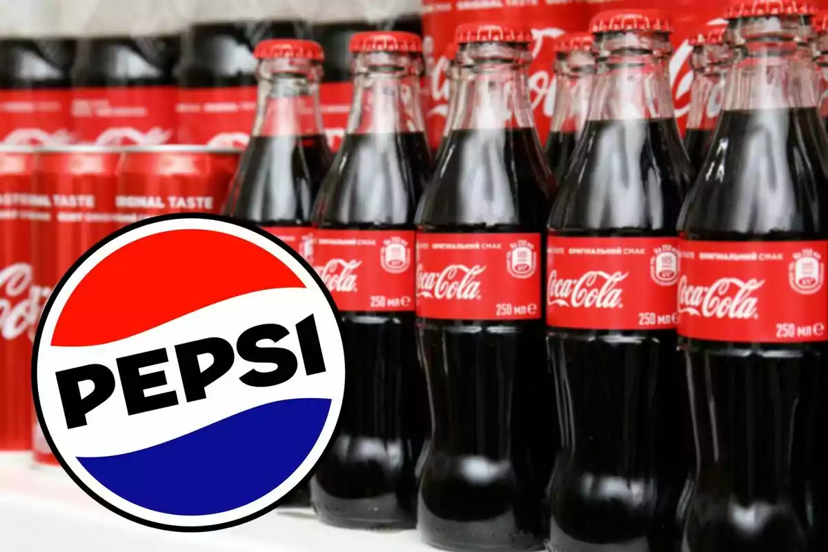 Coca-Cola bottles and cans with the Pepsi logo superimposed in the foreground
