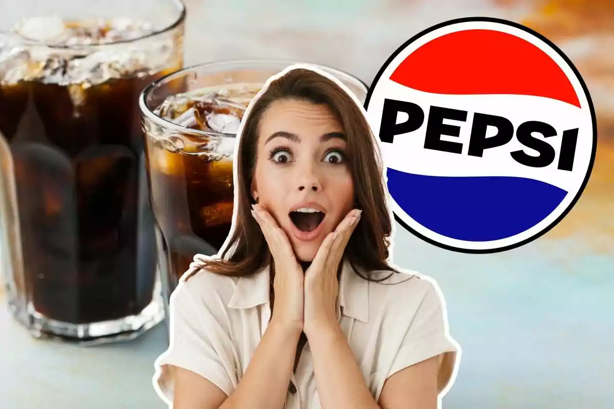 Surprised woman in front of soft drink cups with ice and the Pepsi logo in the background Surprised woman in front of soft drink cups with ice and the Pepsi logo in the background