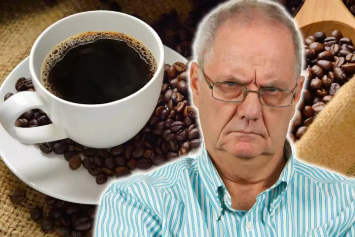 Un hombre con expresión seria junto a una taza de café rodeada de granos de café. Un hombre con expresión seria junto a una taza de café rodeada de granos de café.