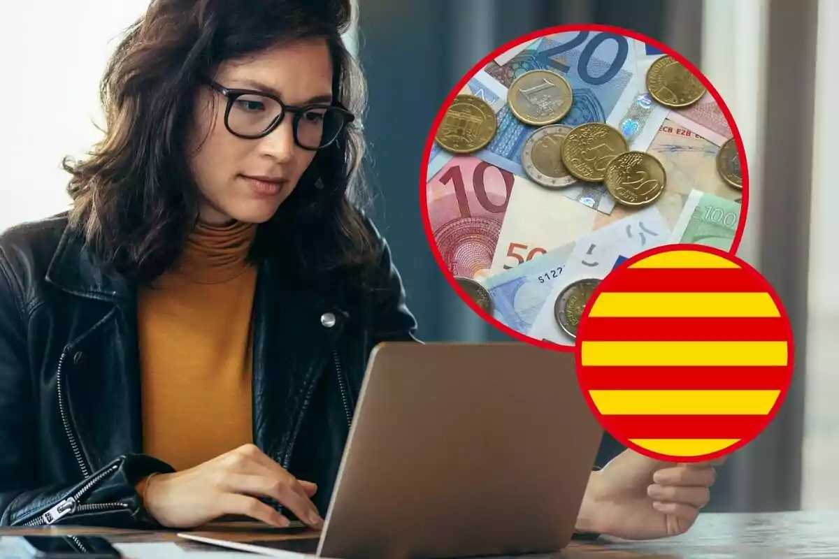 Mujer con gafas usando una laptop, con un gráfico superpuesto que muestra billetes y monedas de euro junto a un símbolo de rayas rojas y amarillas.