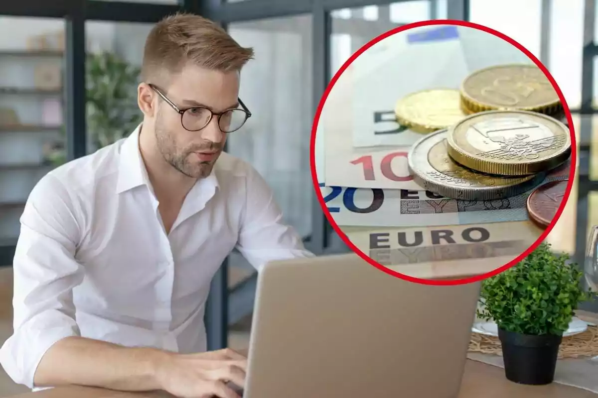 Hombre con gafas trabajando en una computadora portátil con un círculo que muestra billetes y monedas de euro.