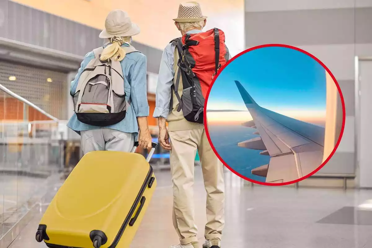 Montaje de dos ancianos en un aeropuerto y una redonda con un avión Montaje de dos ancianos en un aeropuerto y una redonda con un avión