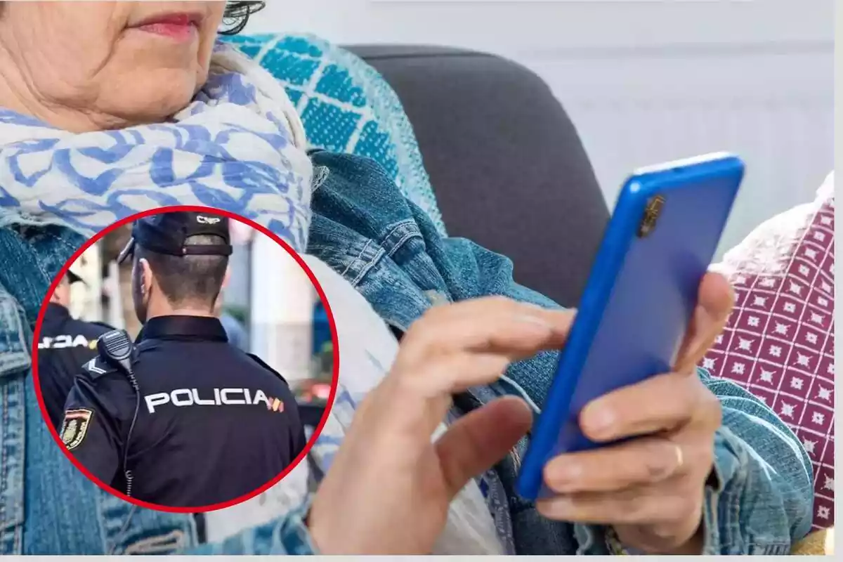 Montaje de una mujer con un teléfono móvil y un policía
