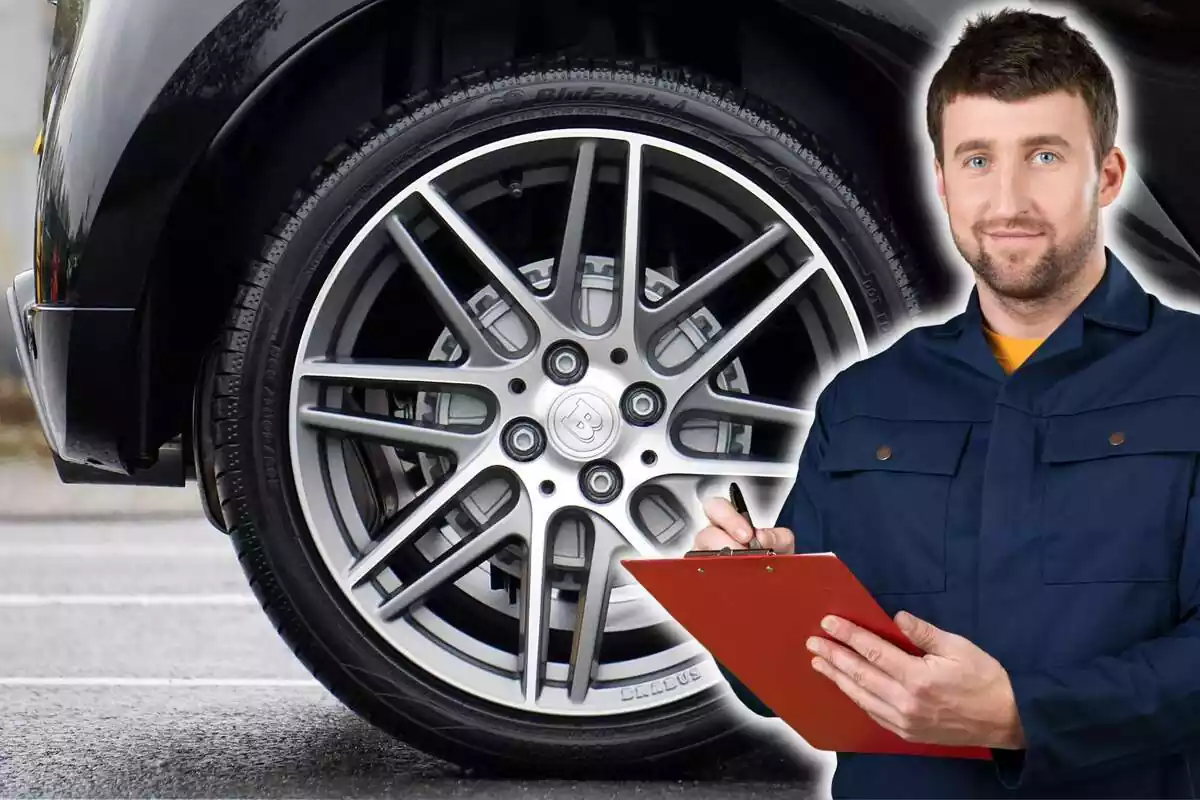 Closeup of a car wheel parked in a parking lot and the image of a mechanic pointing in a notebook on the right side Closeup of a car wheel parked in a parking lot and the image of a mechanic pointing in a notebook on the right side