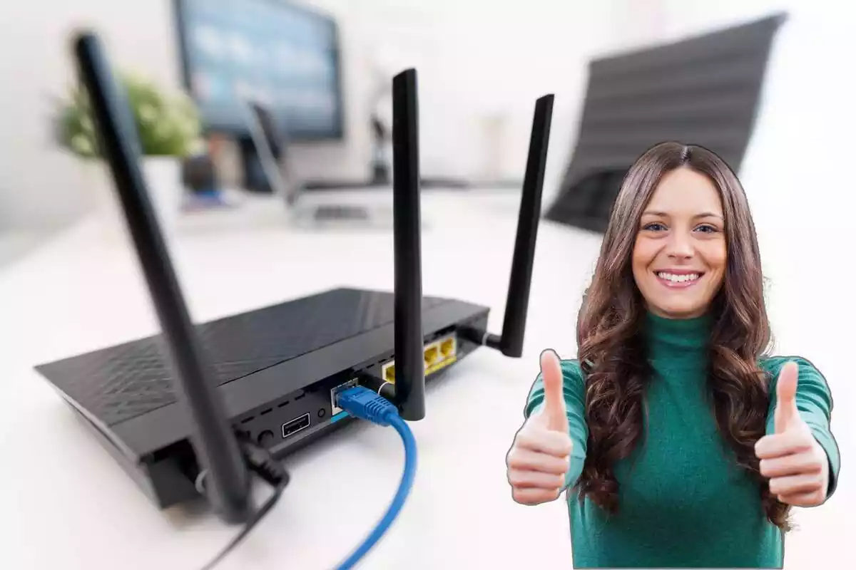 Montaje de un router de Internet y una mujer feliz