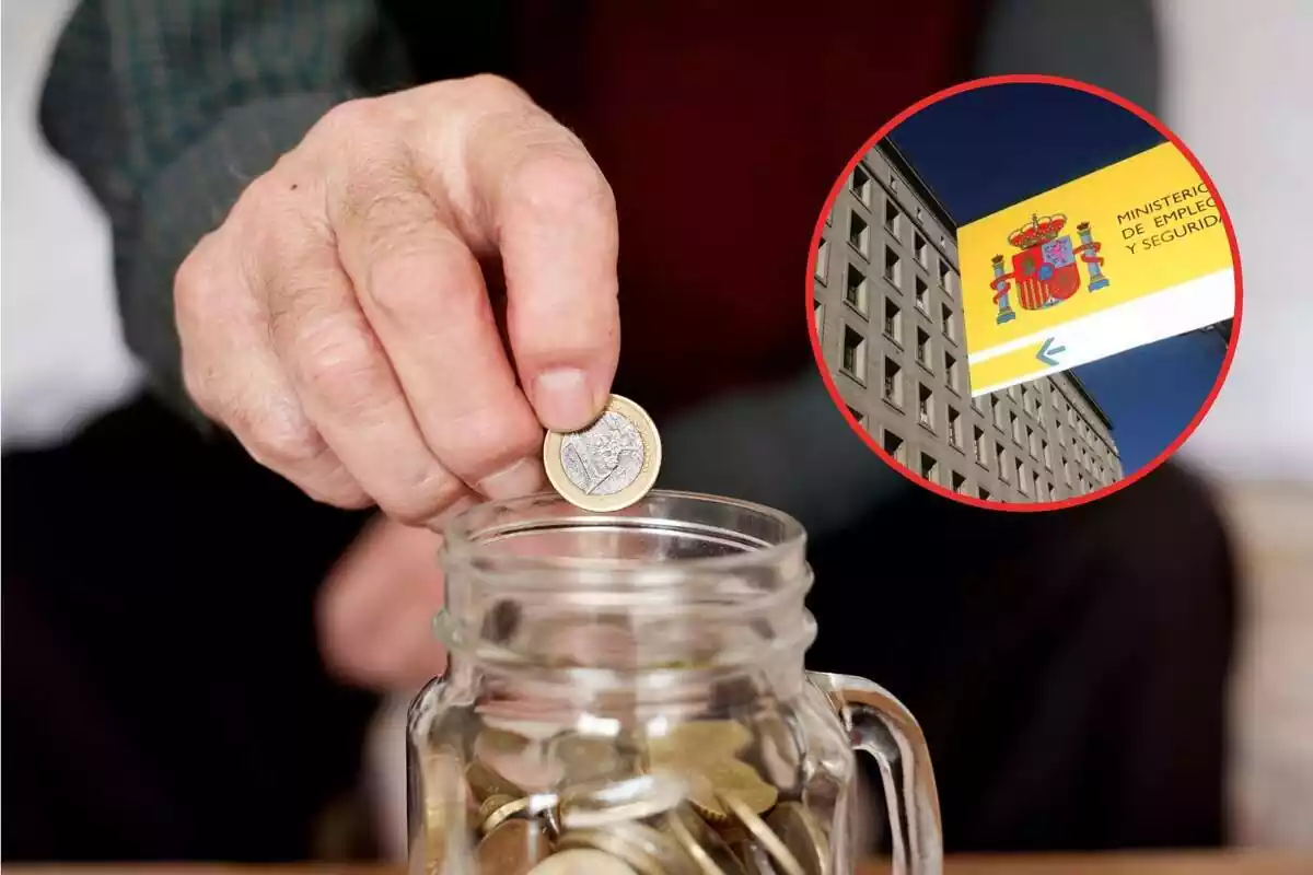 Montaje de un hombre echando una moneda dentro de una jarra