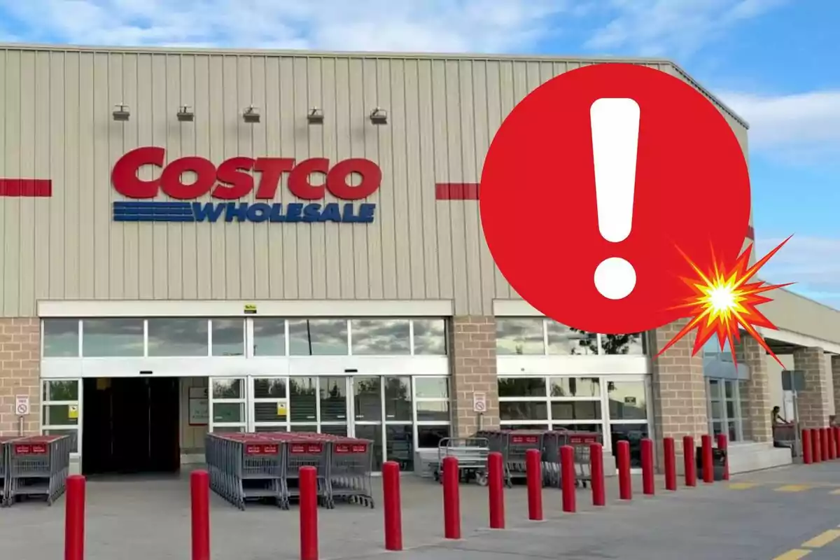 Entrance of a Costco store with a large red exclamation mark superimposed. Entrance of a Costco store with a large red exclamation mark superimposed.