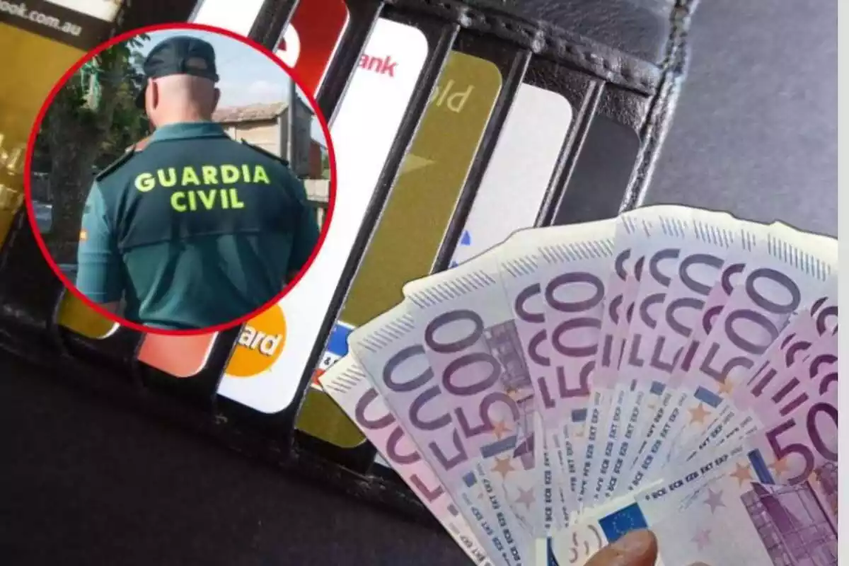 Montaje de tarjetas de crédito, billetes de 500 euros y guardia civil