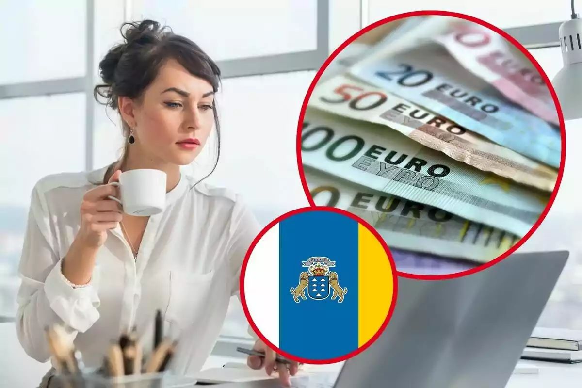 Mujer tomando café mientras trabaja en una oficina con imágenes superpuestas de billetes de euro y una bandera.