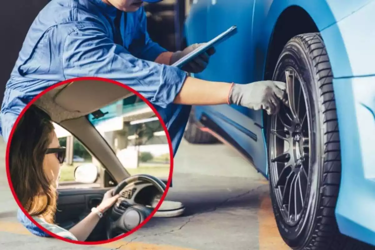 A man checks the wheels of a car, and in the circle, a woman at the wheel